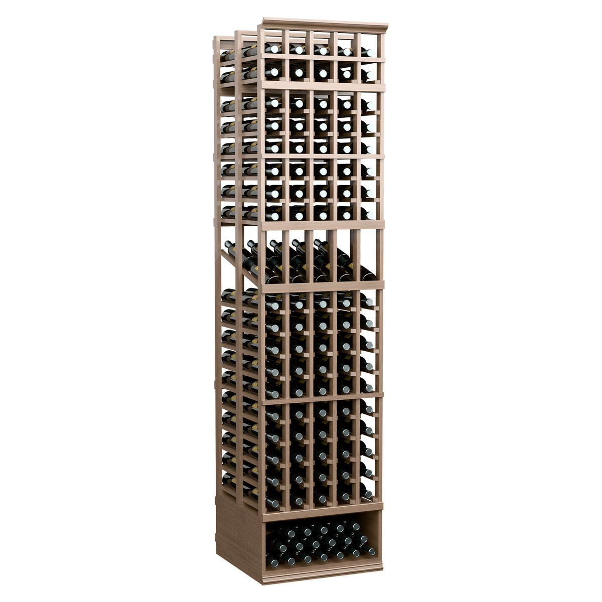 Wine display rack with light wood frame and black base, double-deep 5-column shelves