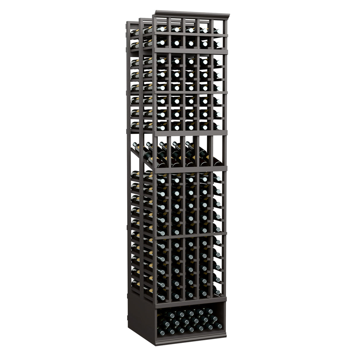 Wine display rack with dark gray metal frame, double-deep bottle shelves in 5 columns