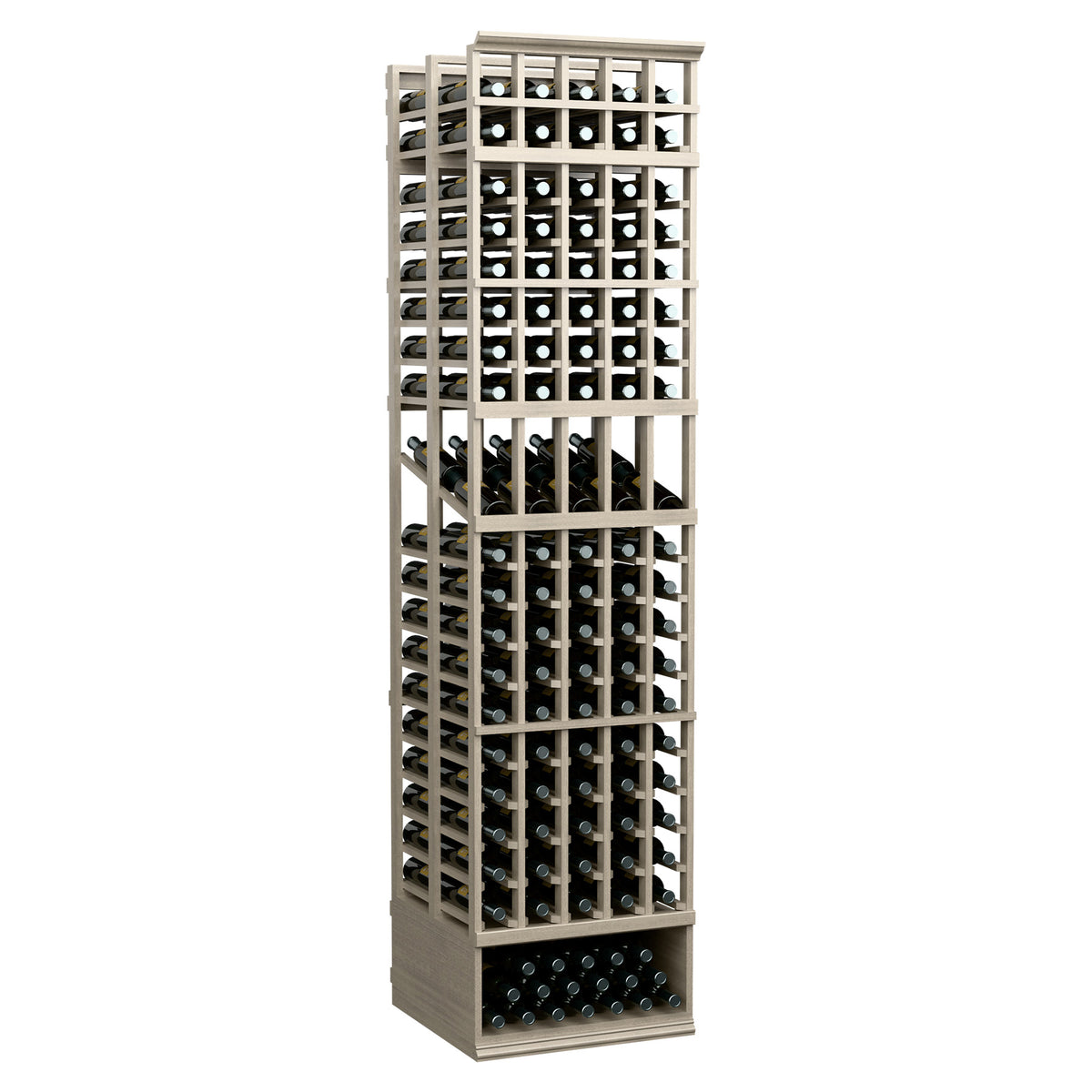 Whitewashed 5-column double-deep wine bottle display rack, front view with bottle cubbies