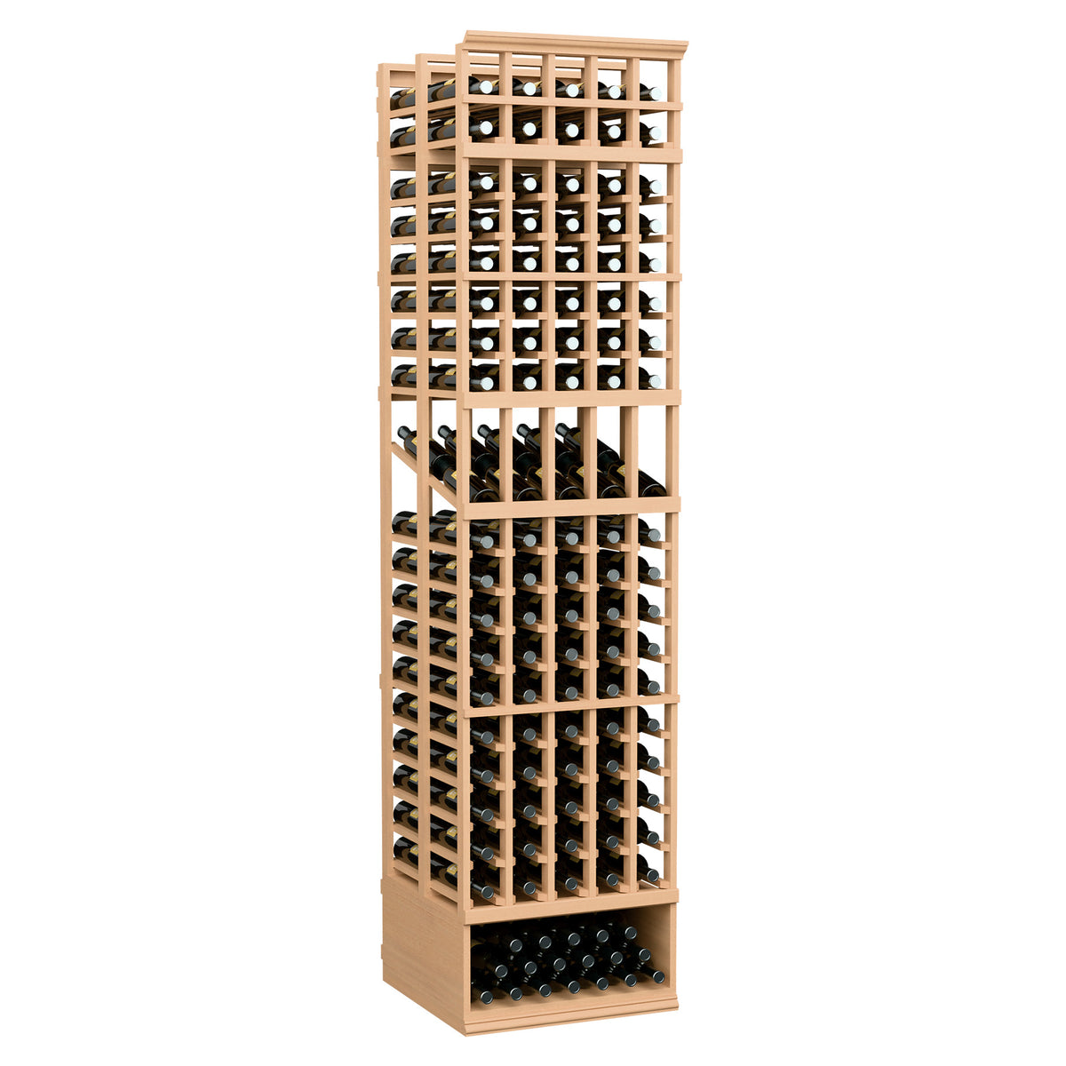 Natural-toned 5-column double-deep wine bottle display rack with tall wooden grid for bottles