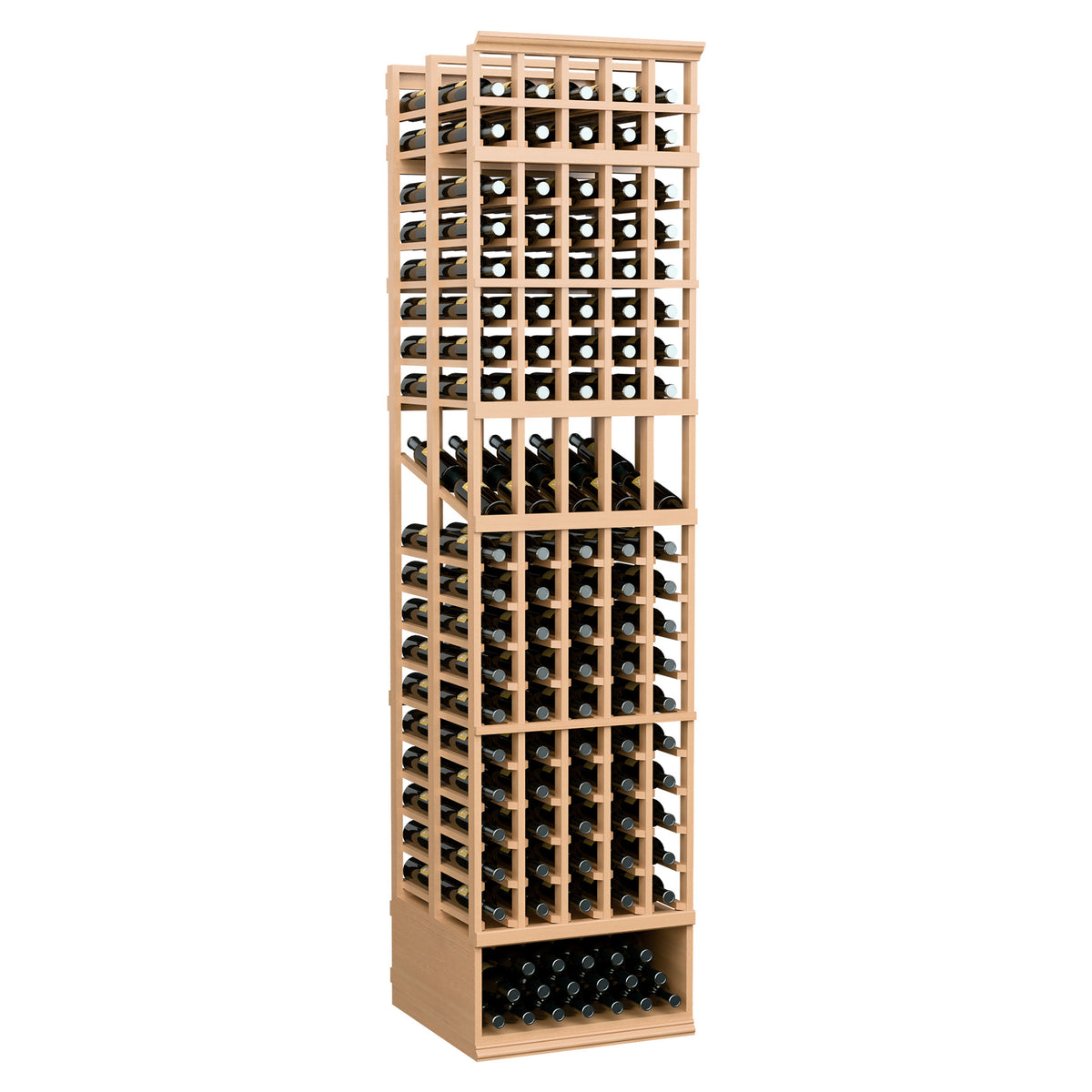 Natural-toned 5-column double-deep wine bottle rack, tall wood frame with bottle slots