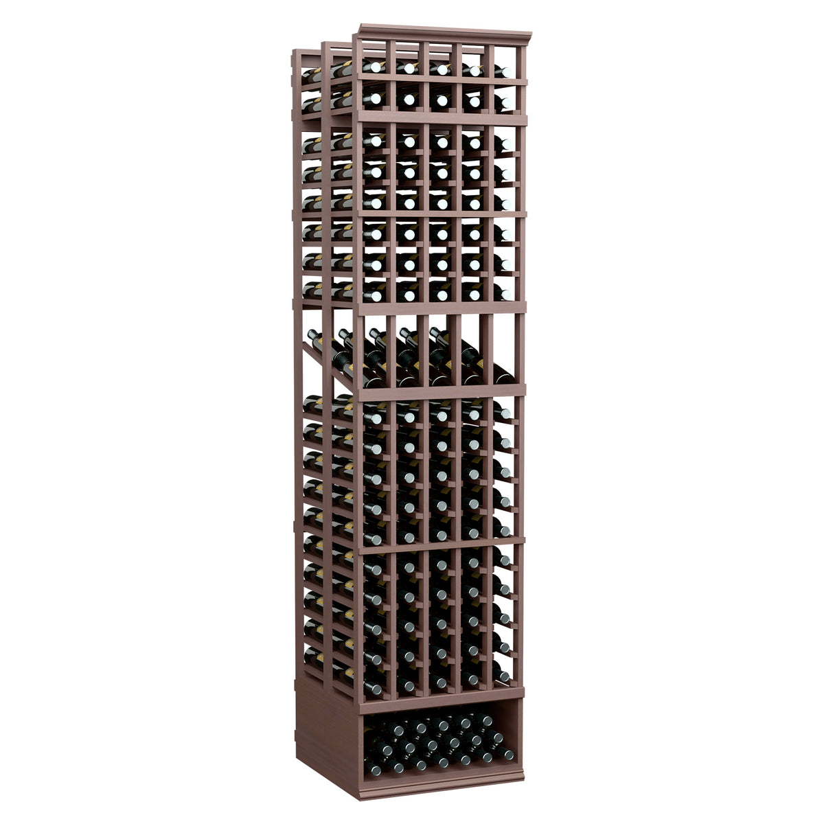 Dark stained 5-column double-deep wine bottle rack with tall wooden grid and bottle cubbies