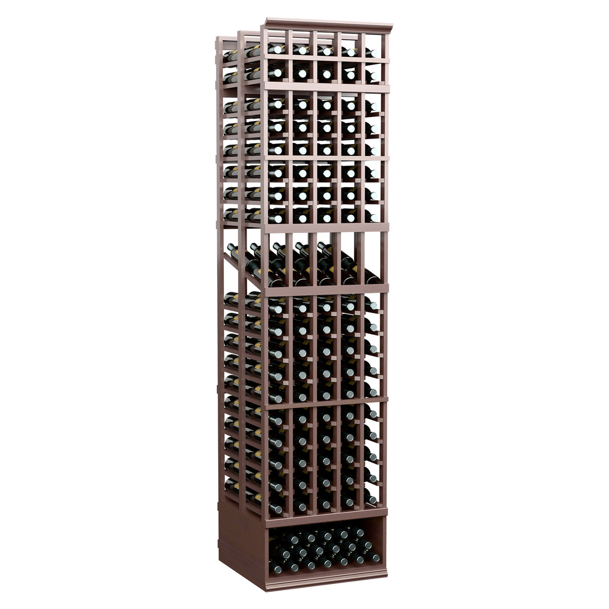 Dark stained 5-column double-deep wine bottle display rack, tall wood frame with bottle rows