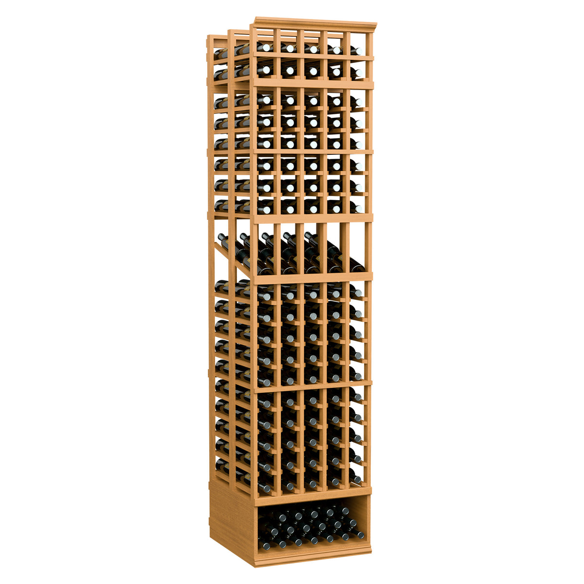 Light honey 5-column double-deep wine bottle display rack with tall wood frame and bottle slots