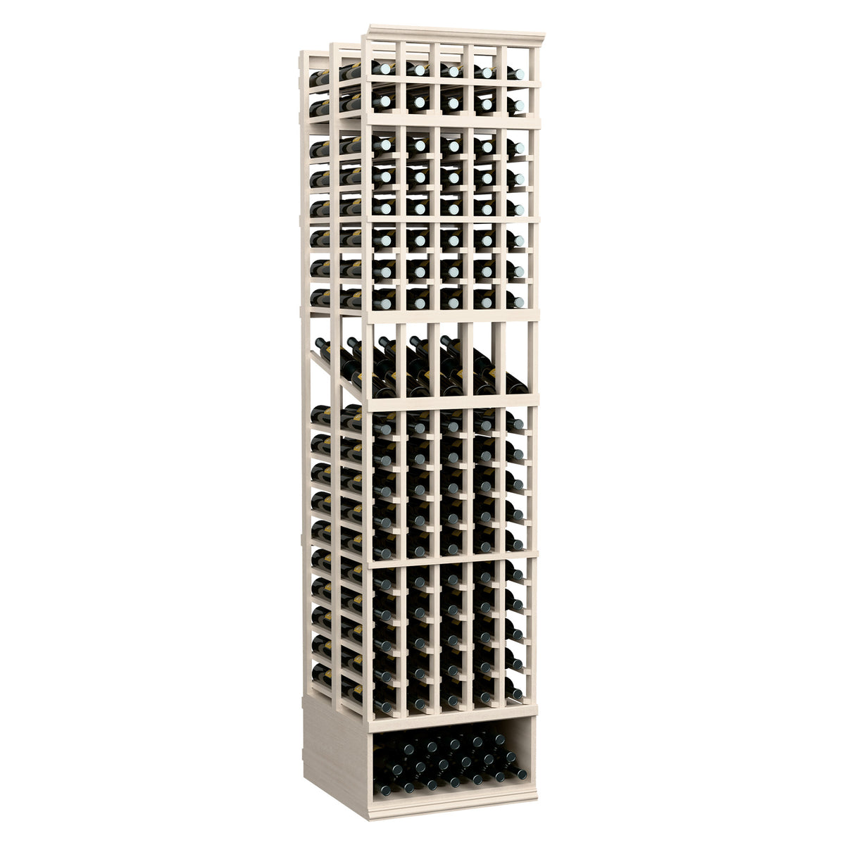 Light gray 5-column double-deep wine bottle rack, tall wooden frame with bottle rows