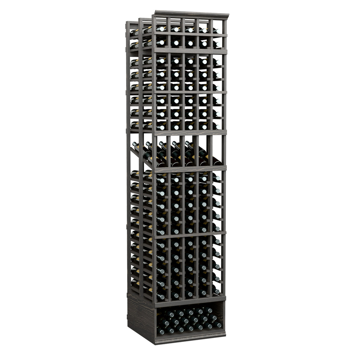 5-column double-deep wine display rack, black metal frame with bottle-slot cubbies
