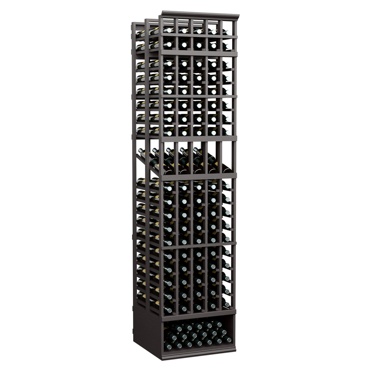 5-column double-deep wine display rack, dark gray metal frame with bottle-slot cubbies