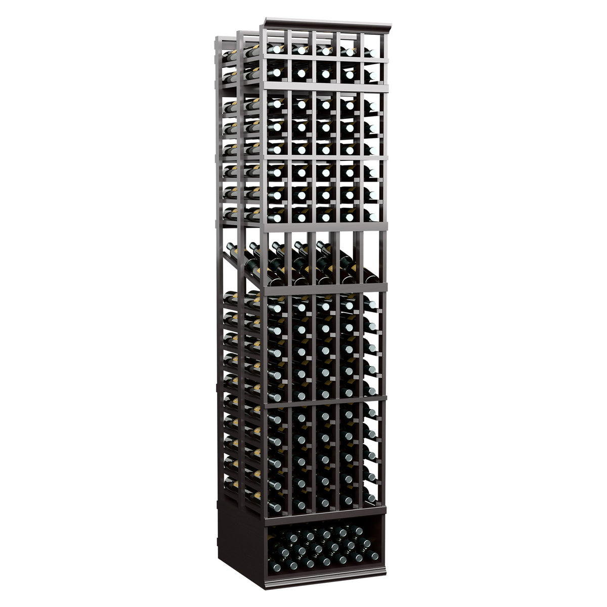 5-column double-deep wine display rack, dark gray metal frame with wine bottle rows