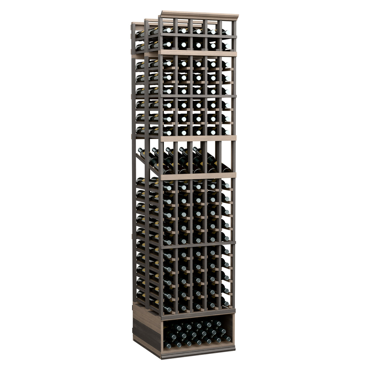 Double-deep wine display rack with five columns, dark frame, stacked bottle holders
