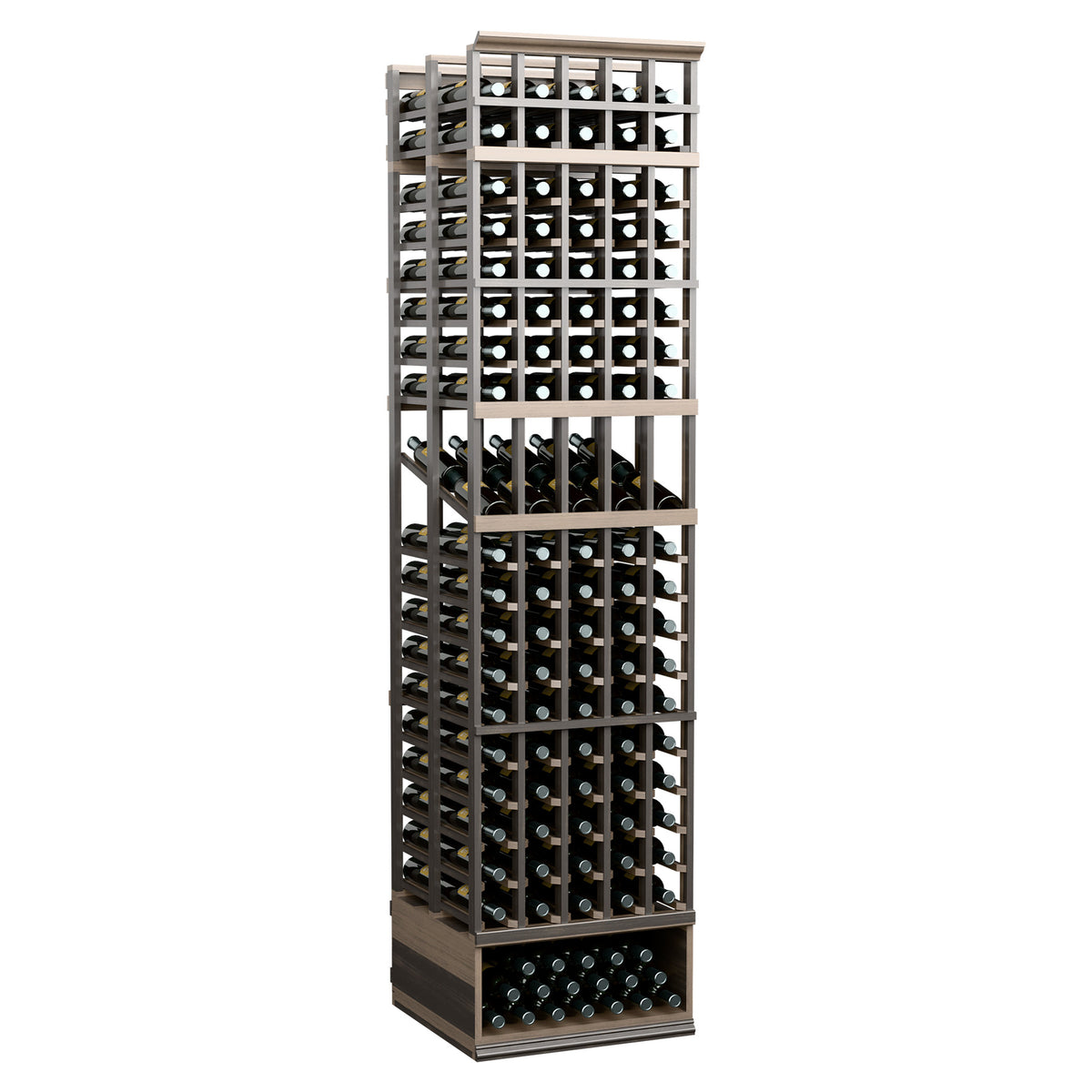 Double-deep wine display rack with five columns, dark frame, bottle slots across tiers