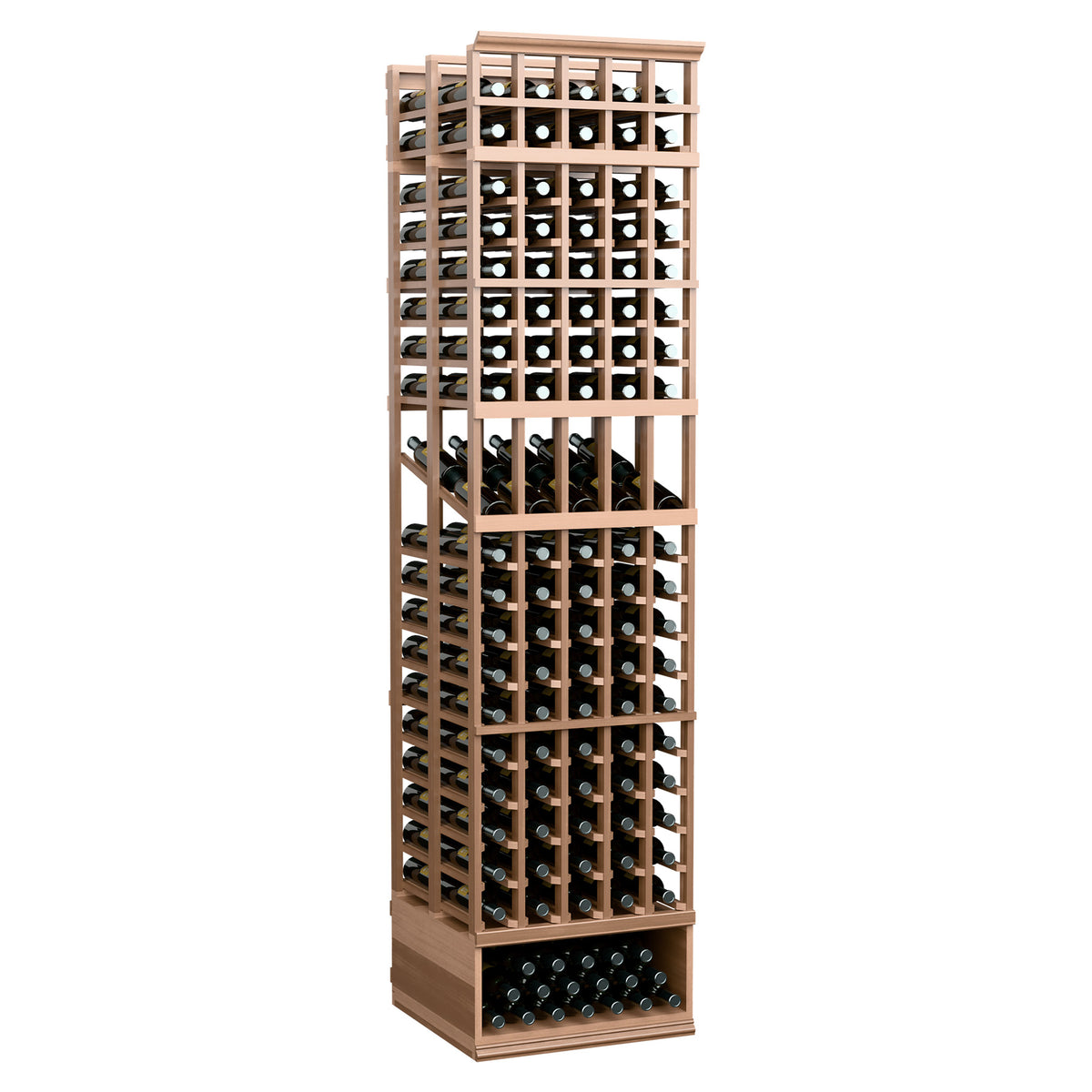 Double-deep wine display rack with five columns, natural wood frame, multiple bottle tiers