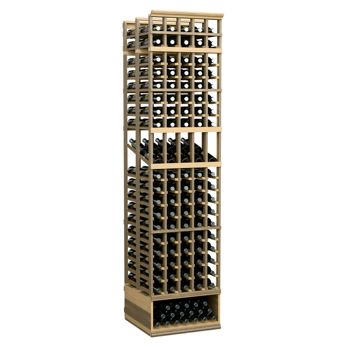 Double-deep wine display rack with five columns, light wood frame, bottle holders visible