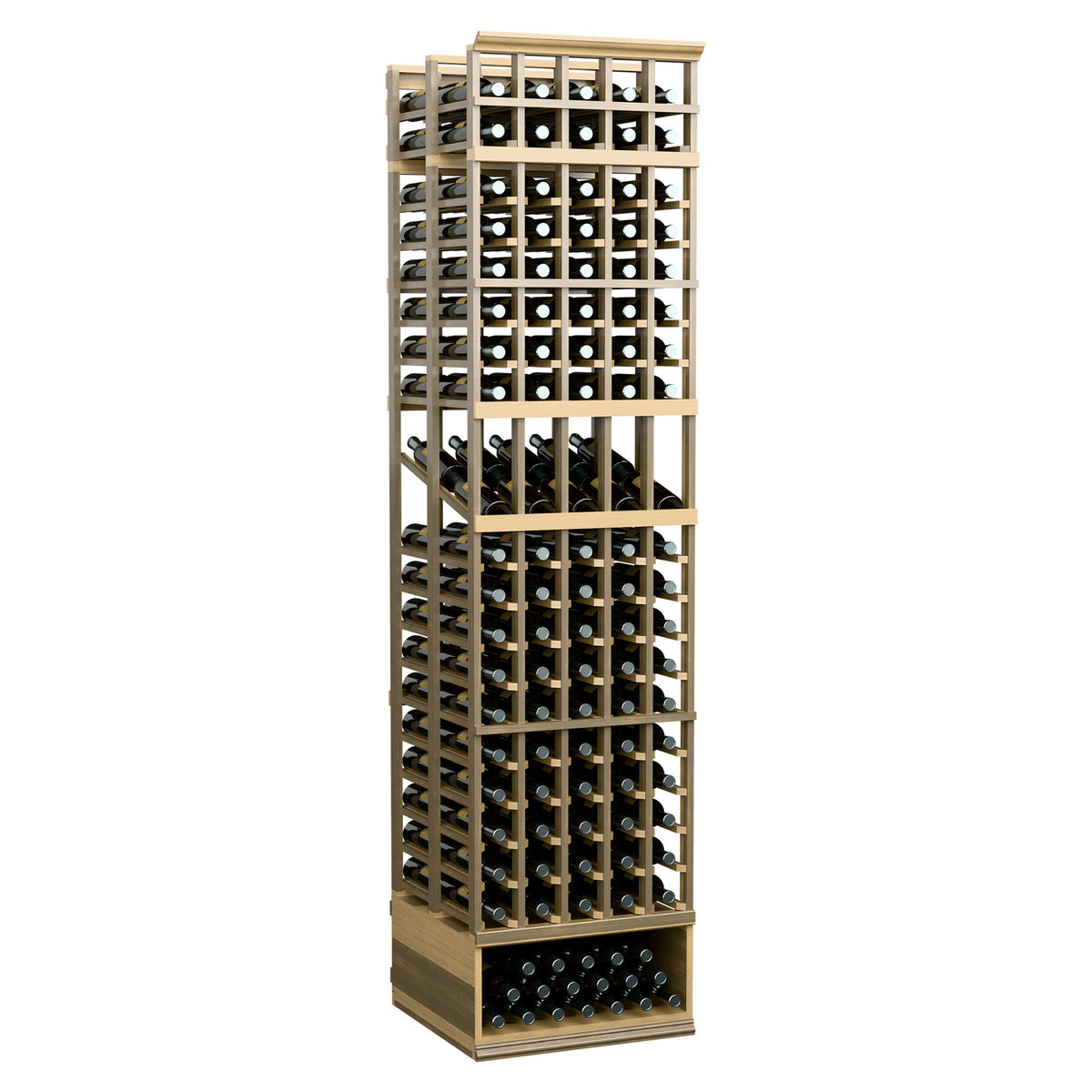 Double-deep wine display rack with five columns, pale wood frame, front and side bottle rows