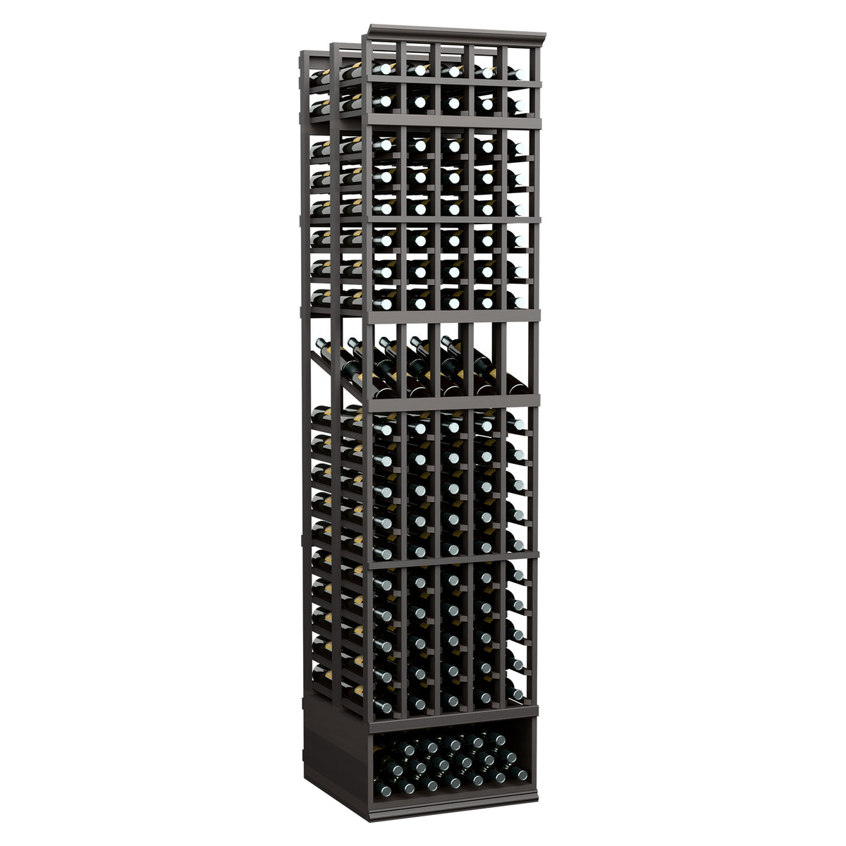 Double-deep wine display rack with five columns, dark metal frame, dense bottle storage