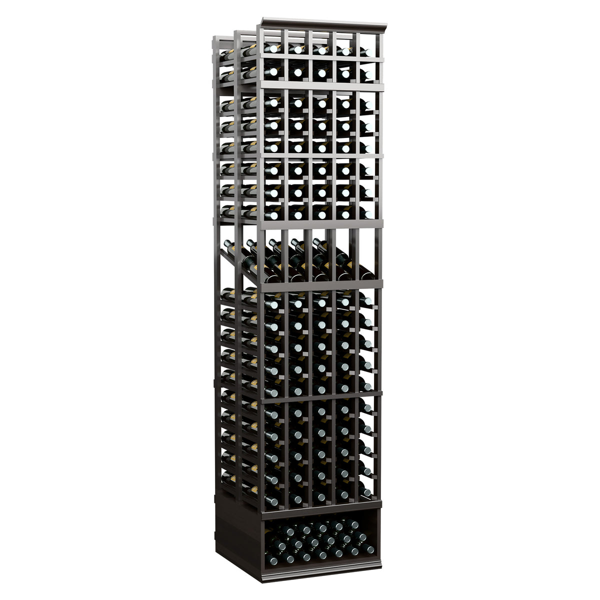 Double-deep wine display rack with five columns, dark frame, layered bottle holders