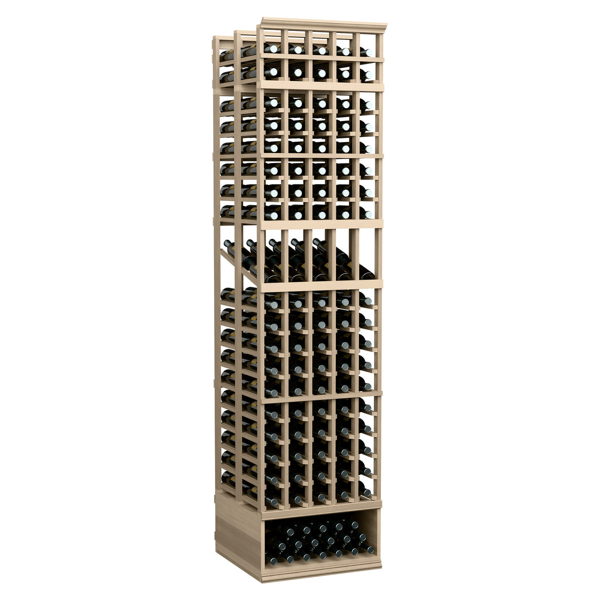 Wine display rack with five columns, light wood frame and bottle slots