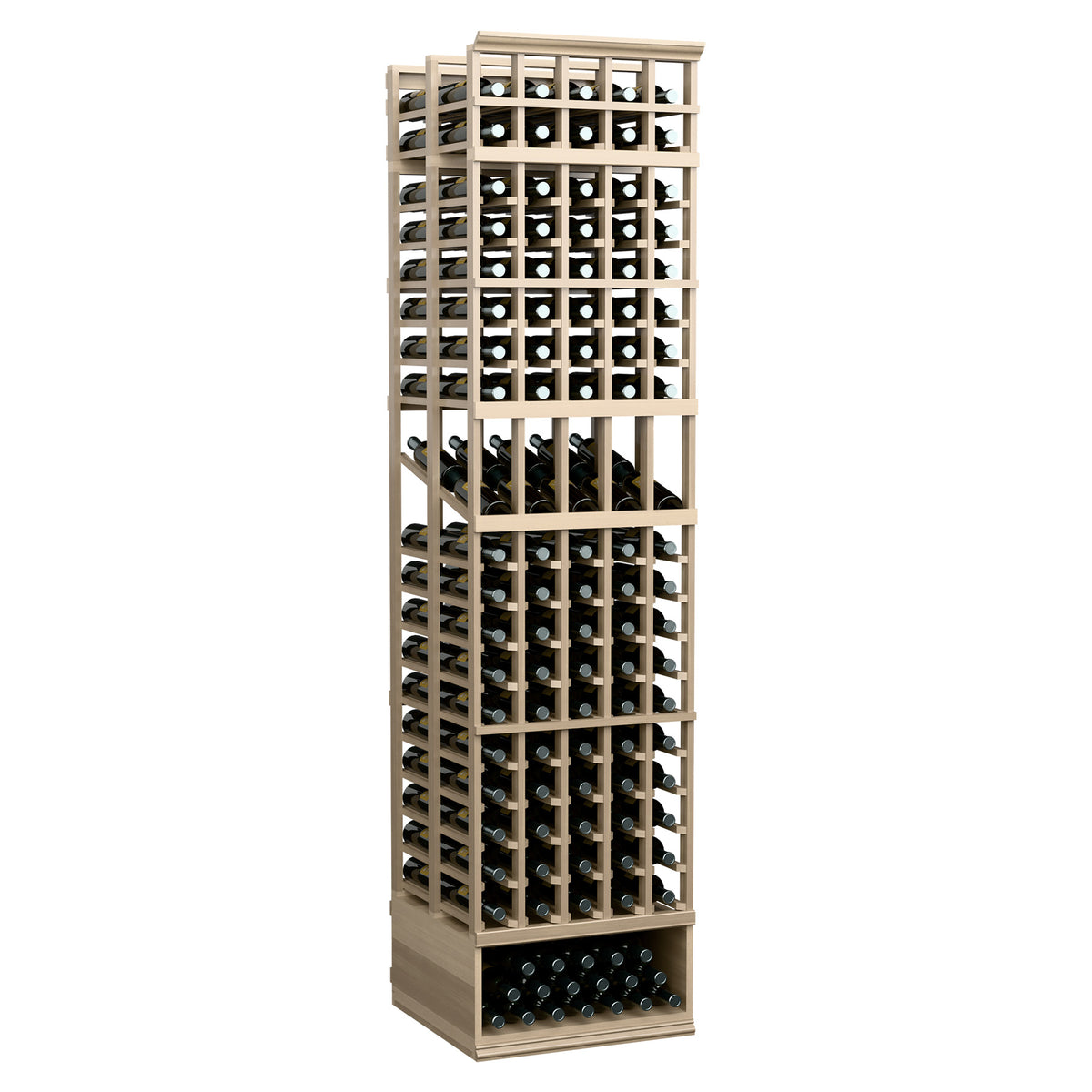 Wine display rack with five columns, light wood grid holding bottles in rows