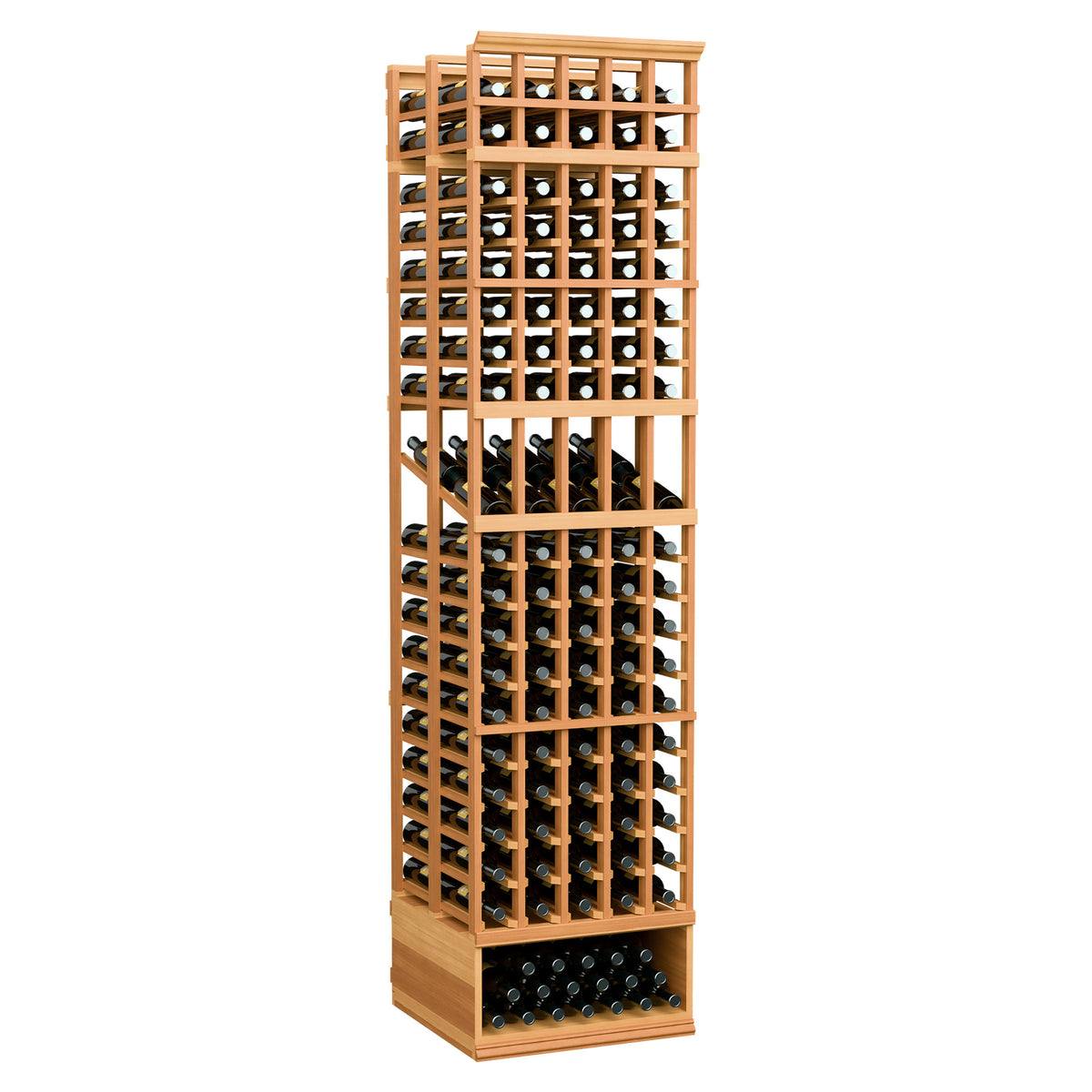 Wine display rack with five columns, warm wood frame and double-deep bottle slots