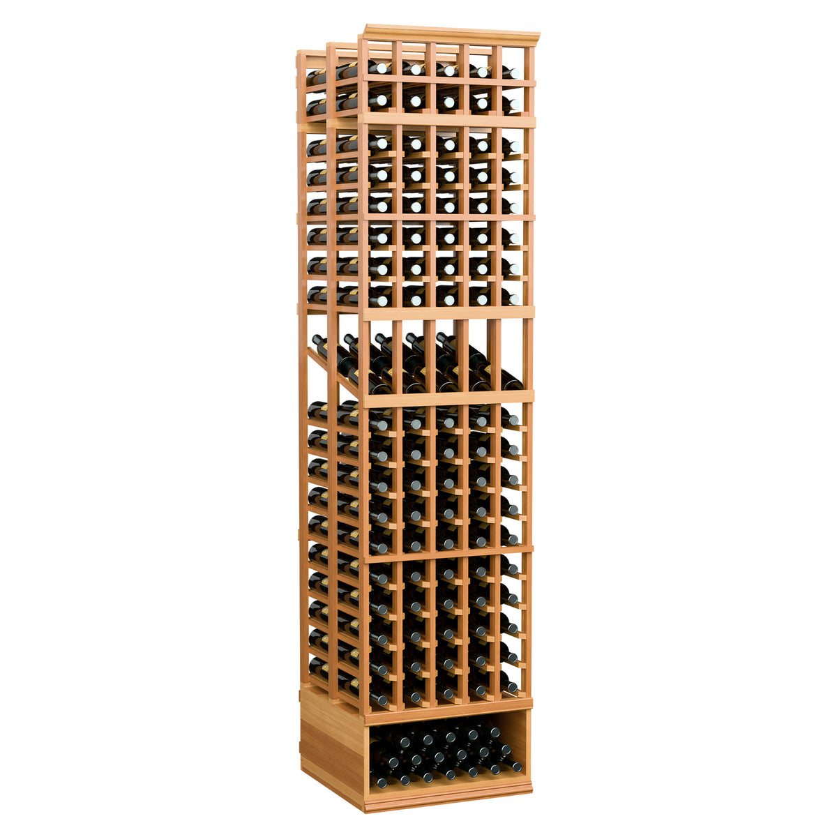 Wine display rack with five columns, warm wood frame and rows of bottle openings