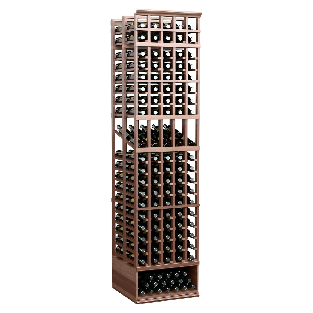 Wine display rack with five columns, medium brown wood frame and bottle holder grid