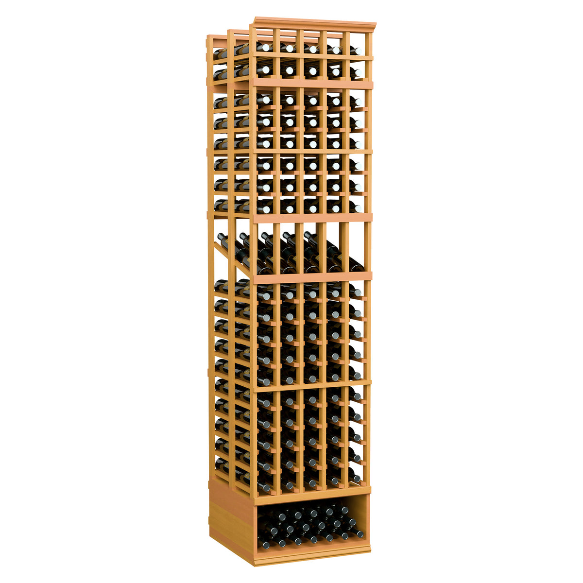 Wine display rack with five columns, golden wood frame and double-deep bottle slots