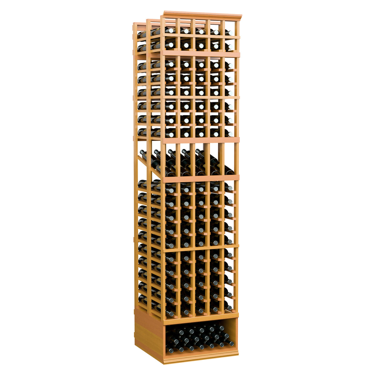 Wine display rack with five columns, golden wood grid holding bottles in rows