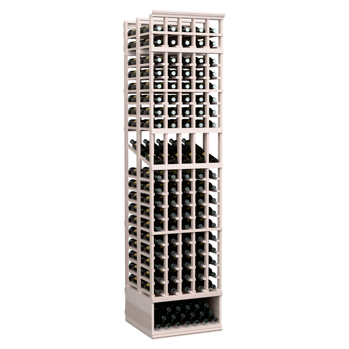 Wine display rack with five columns, white-washed wood frame and bottle slots