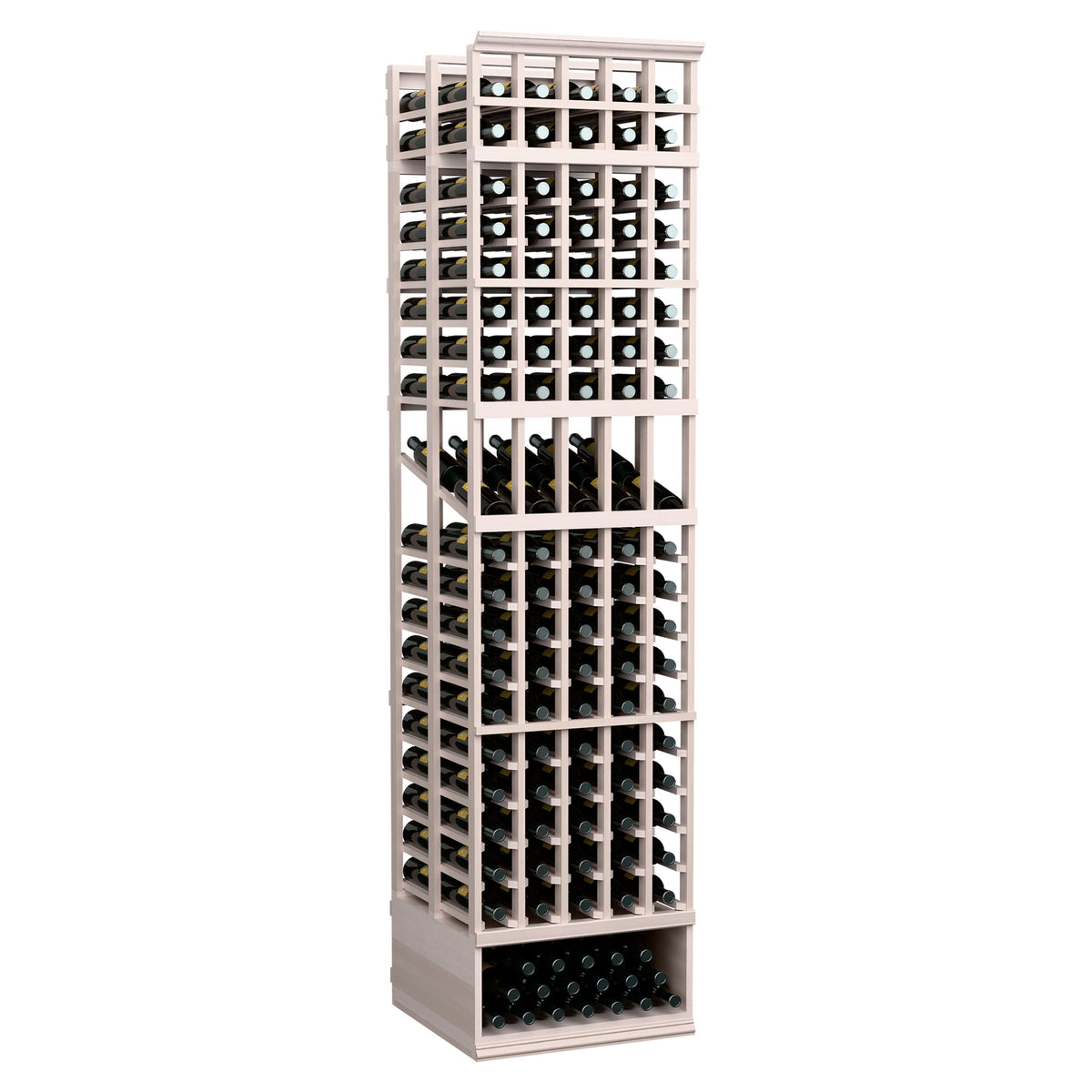 Wine display rack with five columns, white-washed wood grid for bottles in rows