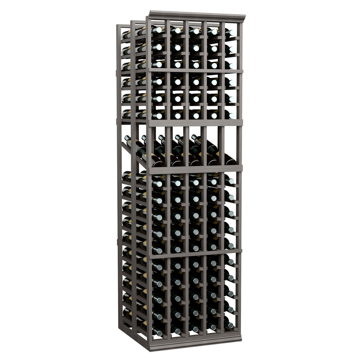 Wine bottle display rack with 5 columns and open grid shelving, dark finish
