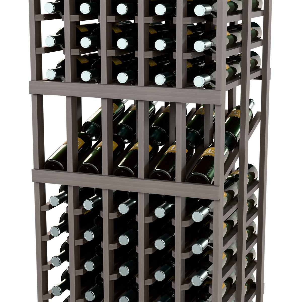 Wine bottle display rack detail showing front rows of wine bottles and metal frame
