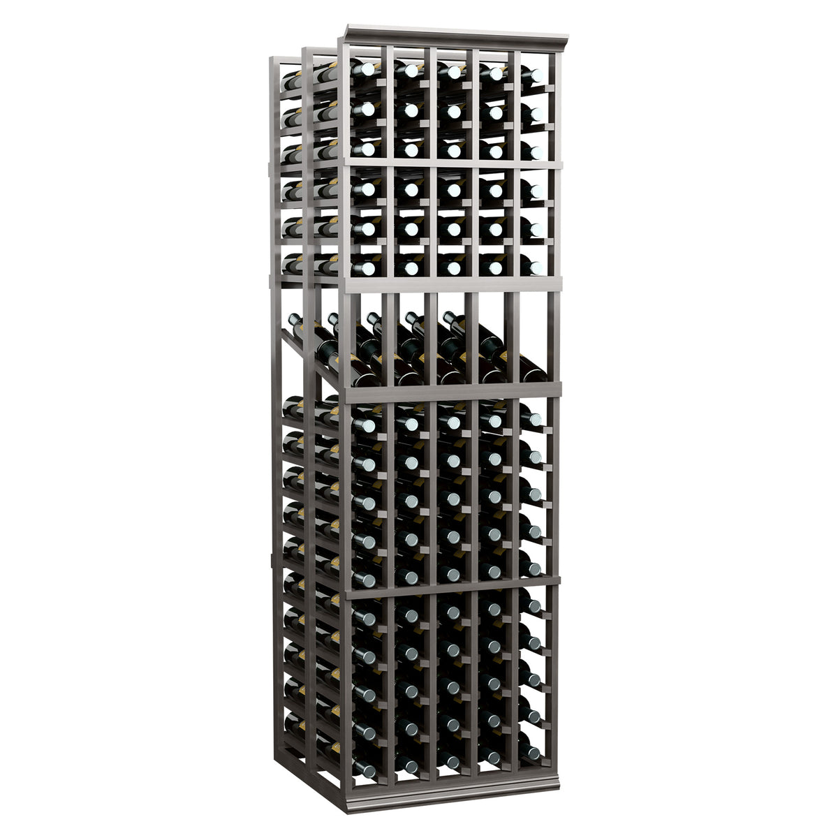Wine bottle display rack with 5 columns, open wine storage grid, dark finish
