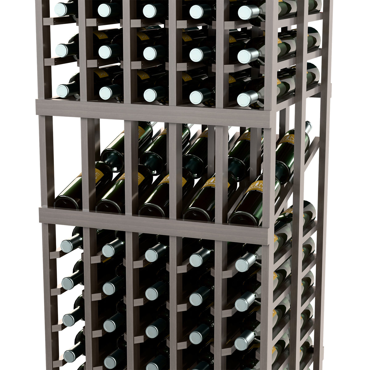Wine bottle display rack close-up with front wine bottle rows in open grid frame