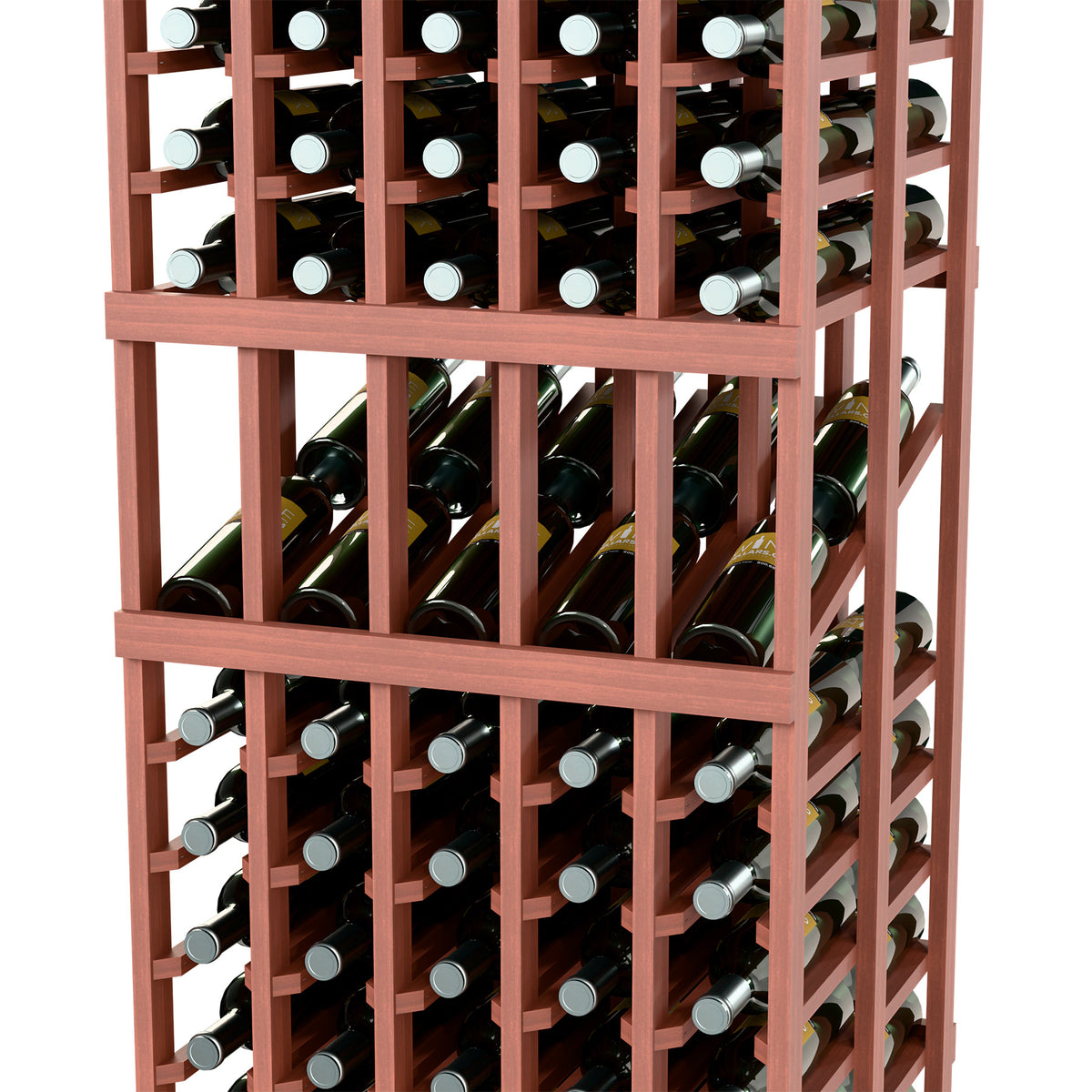 Wine bottle display rack detail showing front rows of wine bottles, wood frame