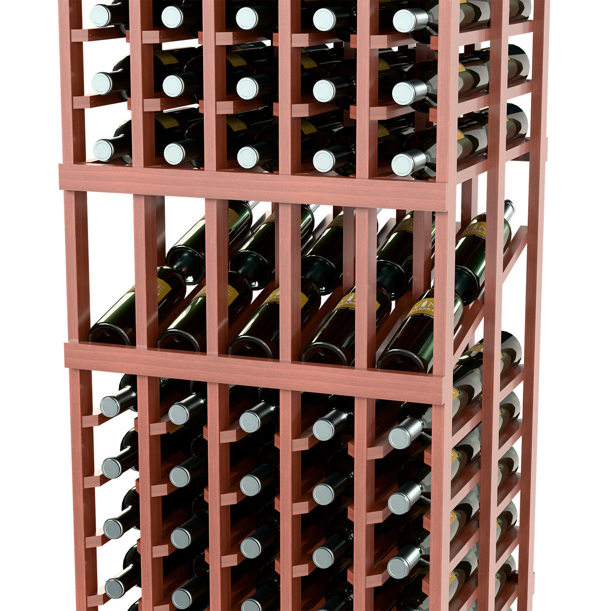 Wine bottle display rack close-up with front wine bottle rows in open grid frame