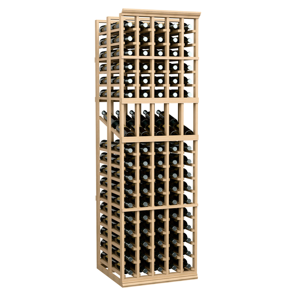 Wine bottle display rack with 5 columns and open grid shelving, light wood finish