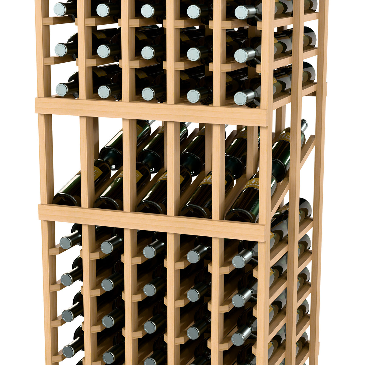 Wine bottle display rack detail showing front rows of wine bottles in light wood frame