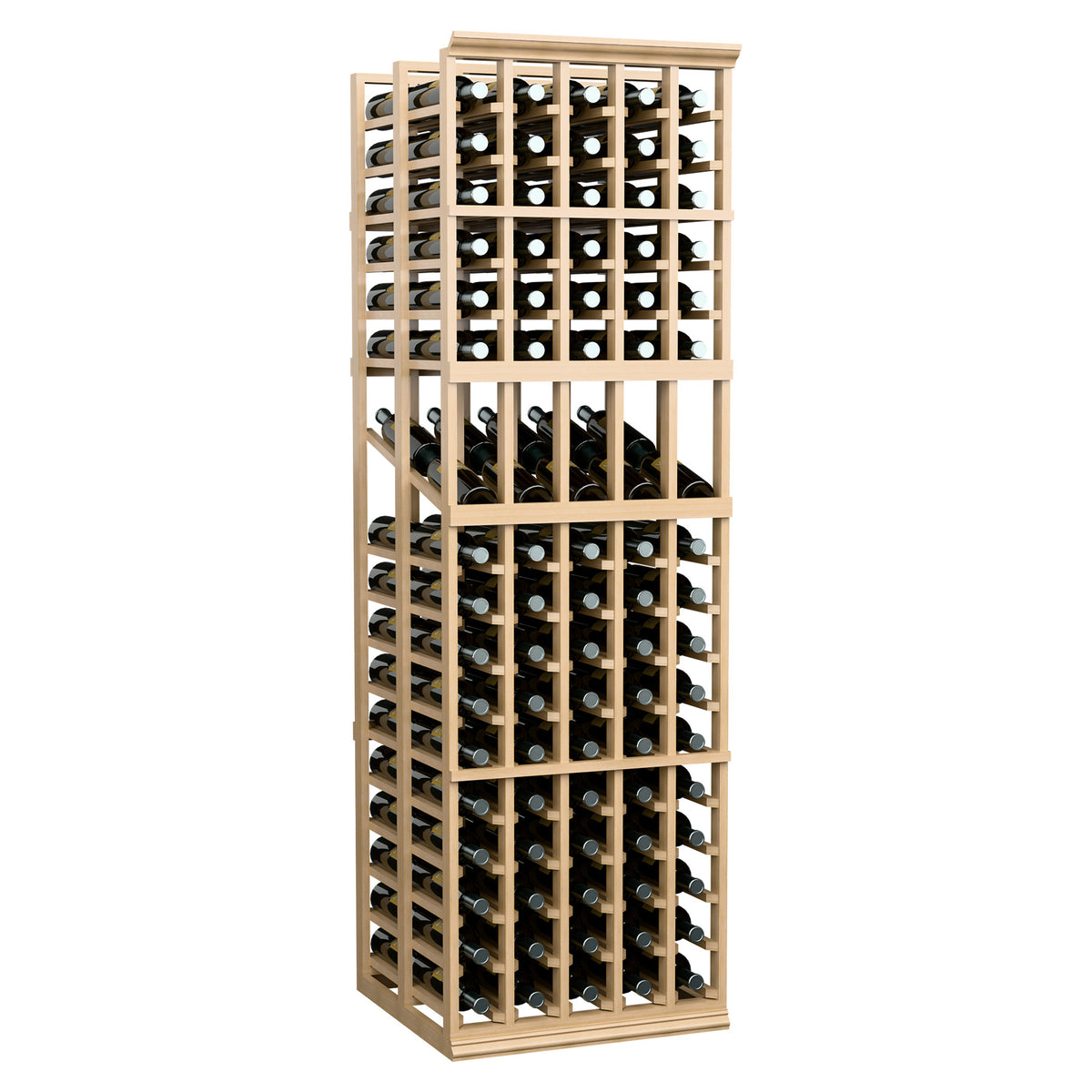 Wood wine display rack with 2 tiers of bottle cubbies and front wine glass holders