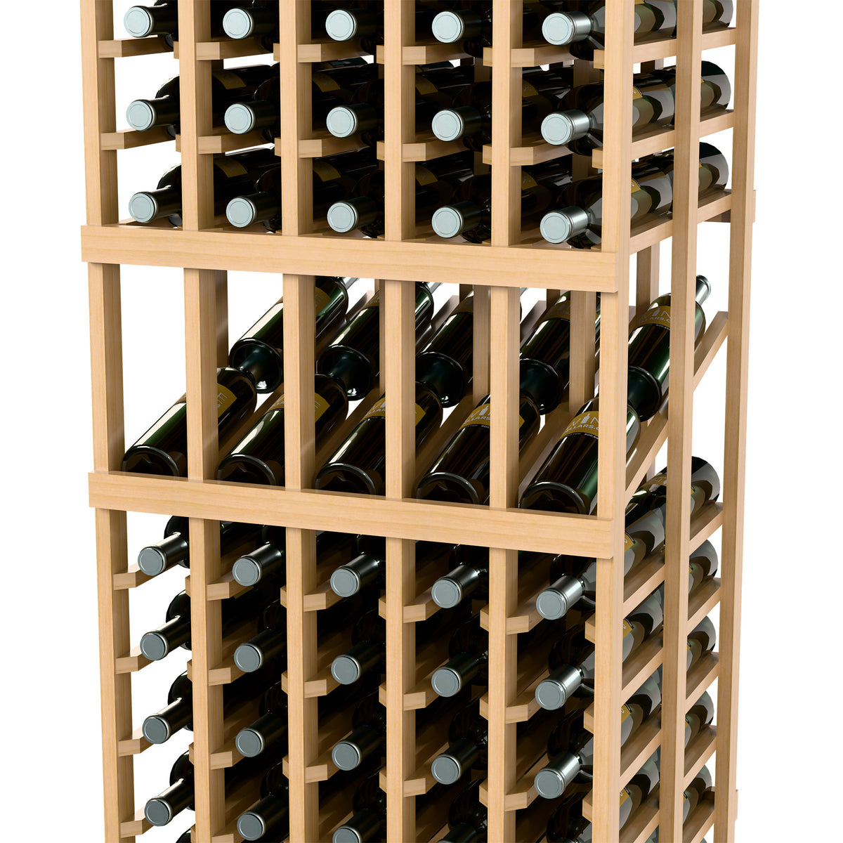 Wood wine rack interior with stacked bottle compartments and metal bottle neck holders