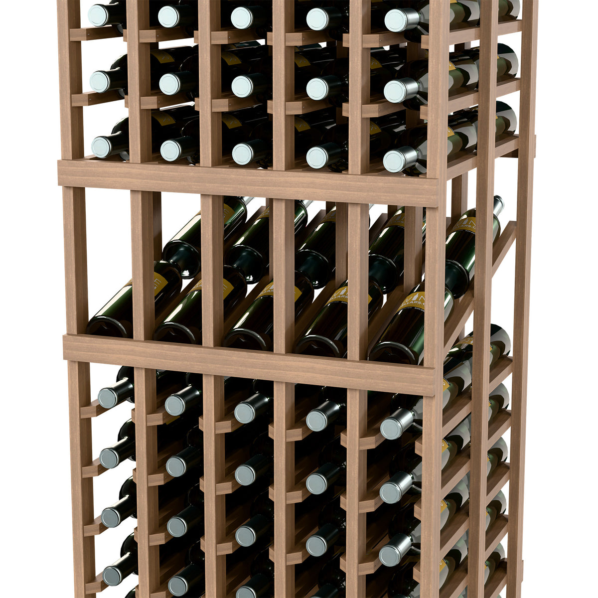 Close-up of wood wine rack showing rows of bottle compartments with silver caps