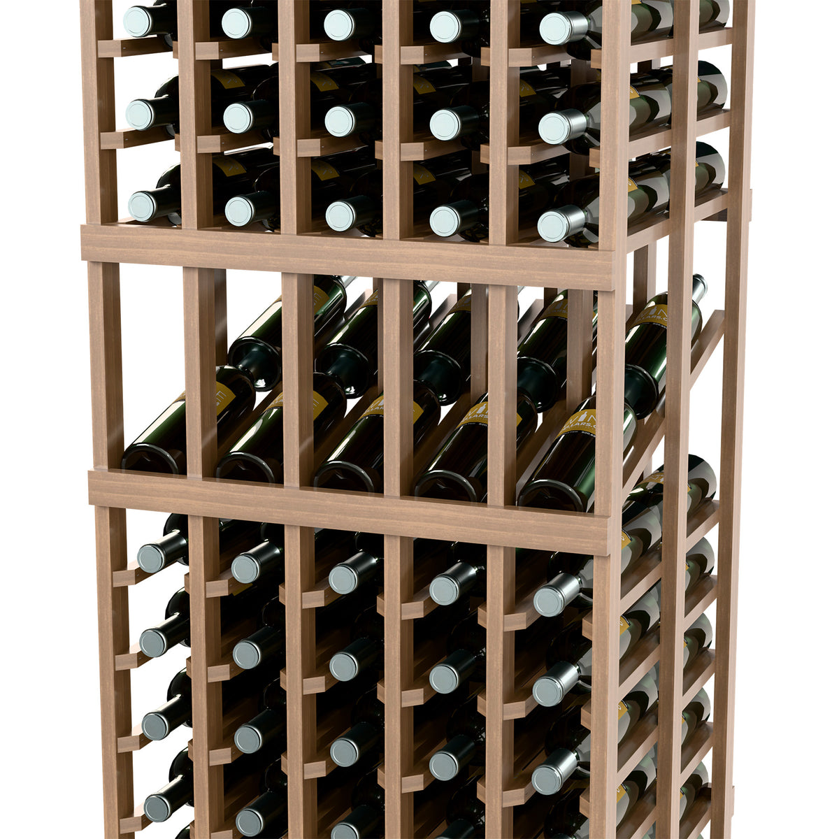 Wood wine rack close-up with front and side bottle cubbies and horizontal support bars