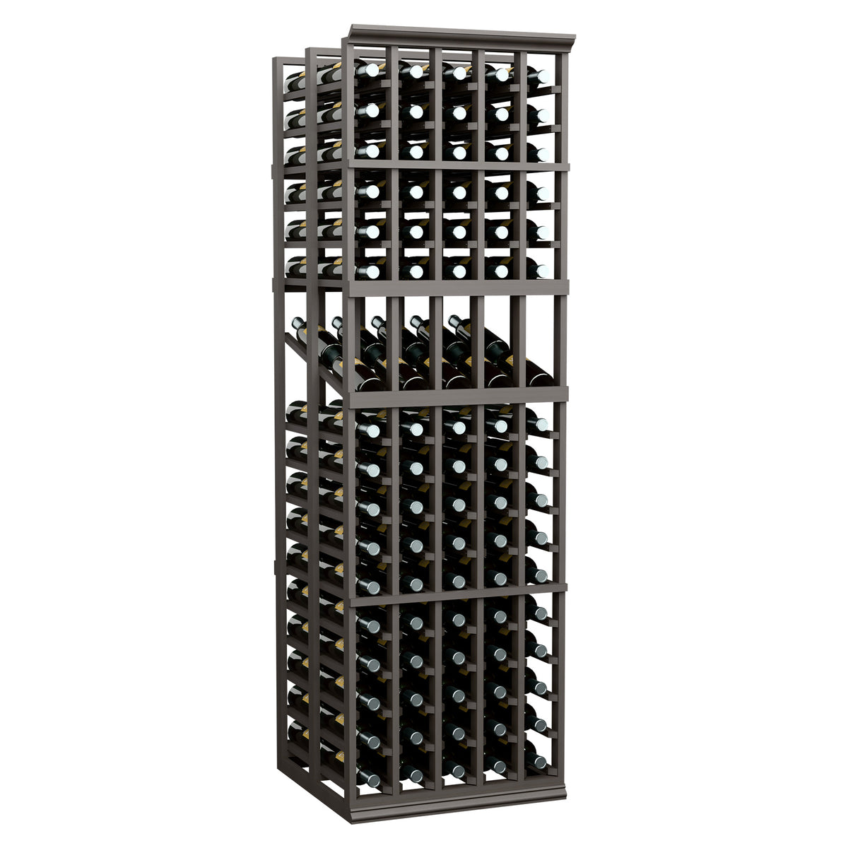 Dark stained wine display rack with stacked bottle slots and metal bottle neck holders