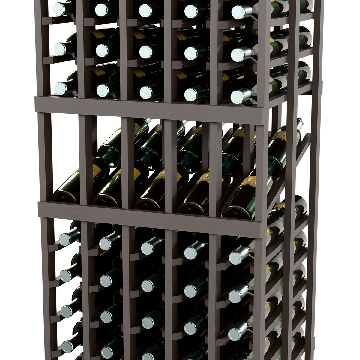 Close-up of dark wine rack interior with rows of bottle compartments and glass holders
