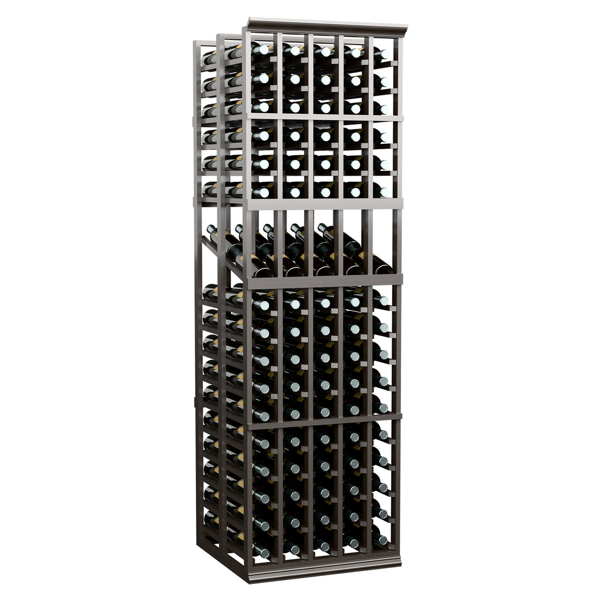 Tall dark wood wine rack with multiple bottle rows, dividers, and front wine cubbies
