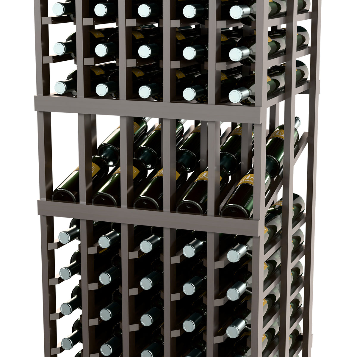 Dark stained wine display rack close-up with stacked bottle compartments and rails