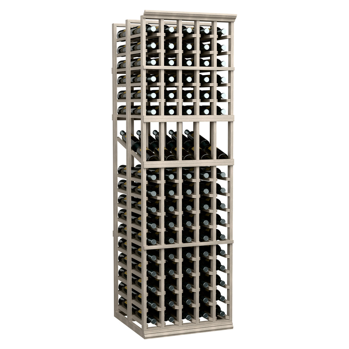 5-column double-deep wine display rack with front bottle slots and wooden dividers