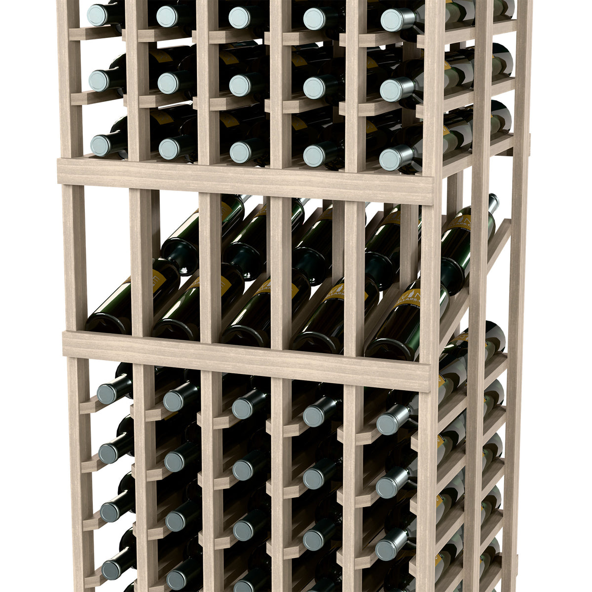 Wine display rack interior showing bottle rows in double-deep slots with metal pegs