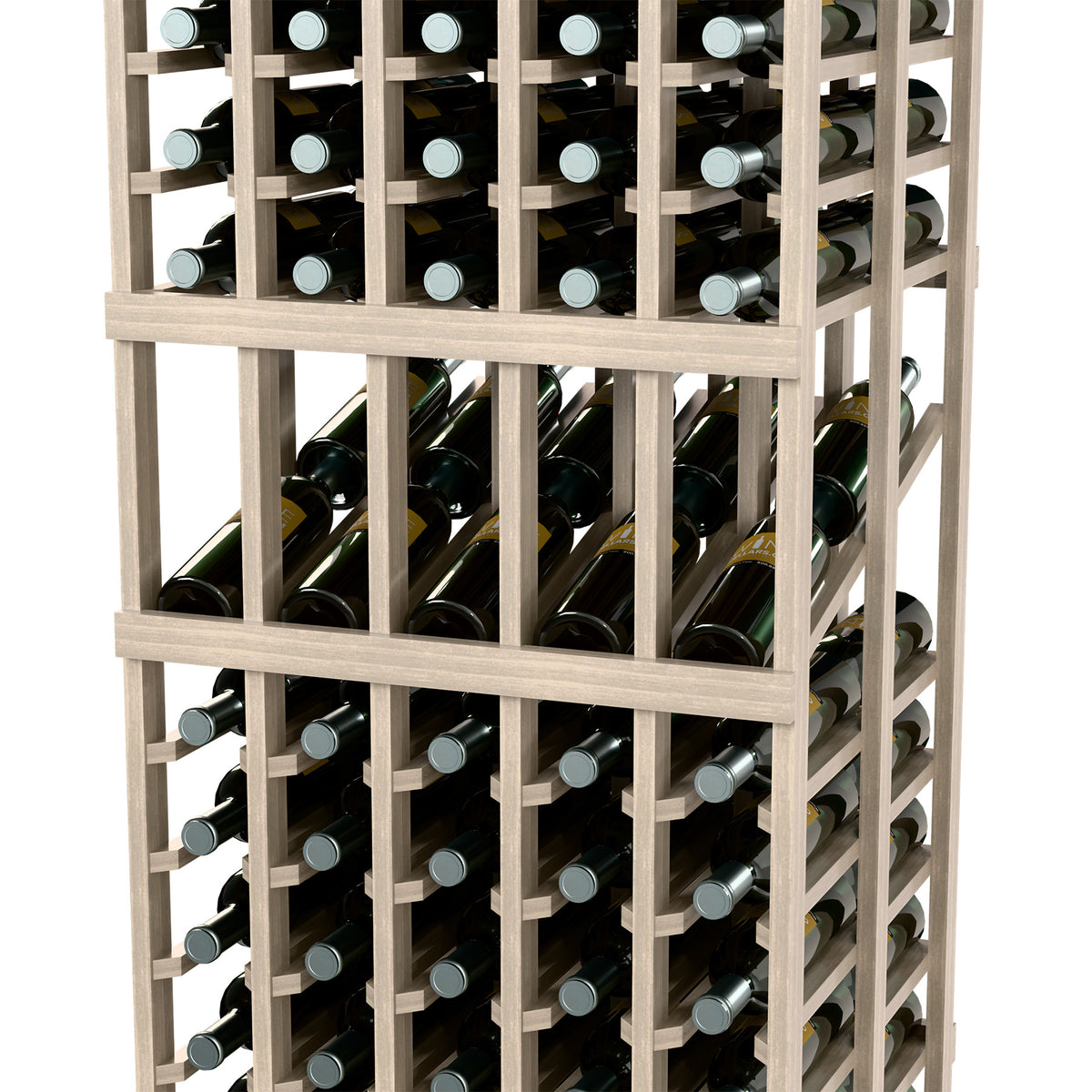Wine display rack close-up with double-deep bottle slots and evenly spaced pegs