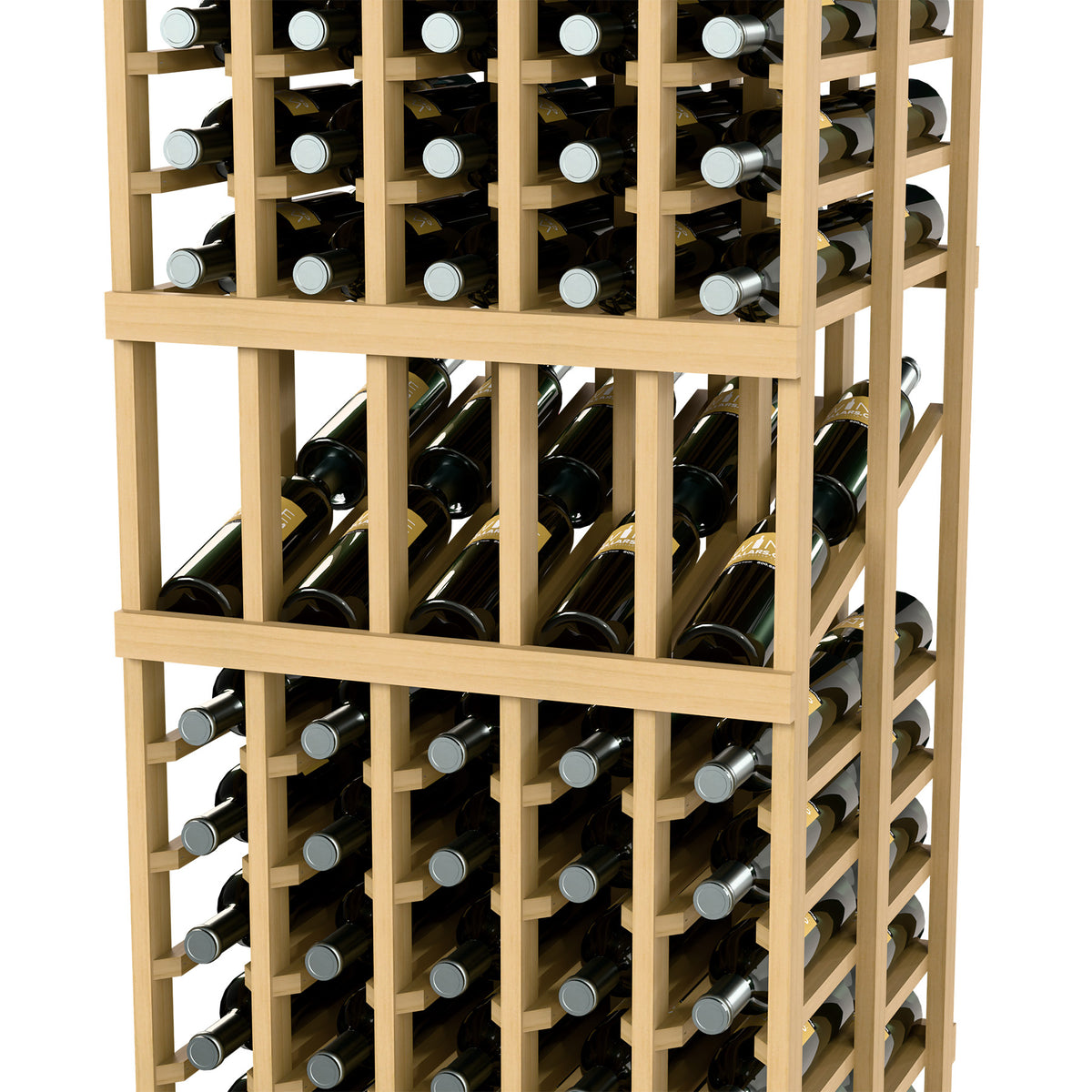 Wine display rack interior close-up with double-deep bottle slots and wooden rails