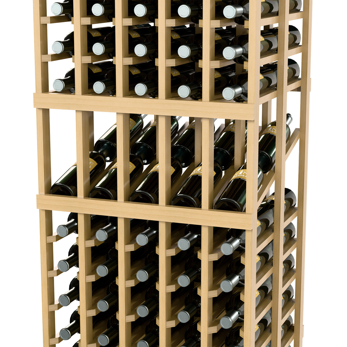 Wine display rack close-up showing double-deep bottle rows with peg supports