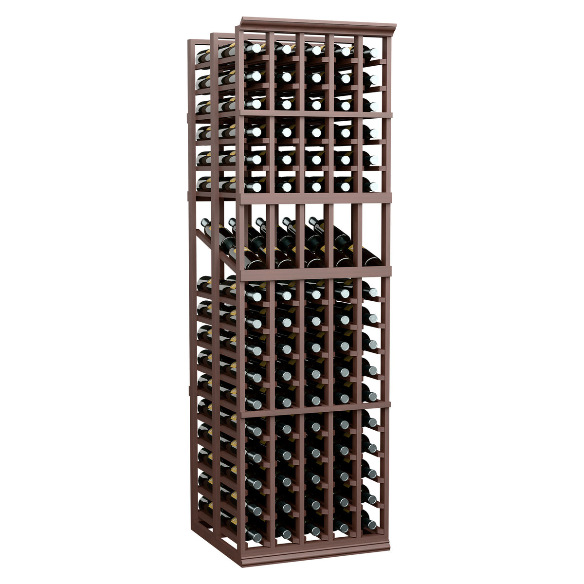 5-column double-deep wine display rack with dark wood frame and bottle openings